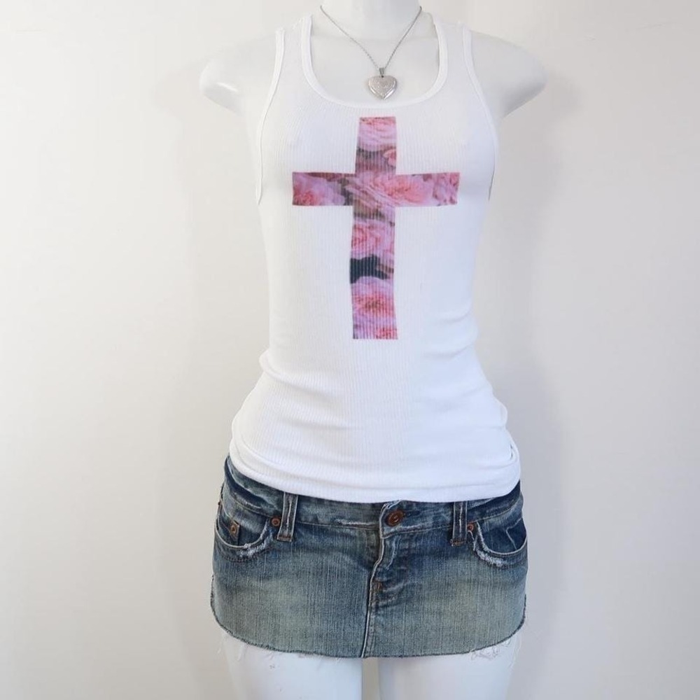 y2k floral cross graphic ribbed tank rose print cami 2010s indie sleaze